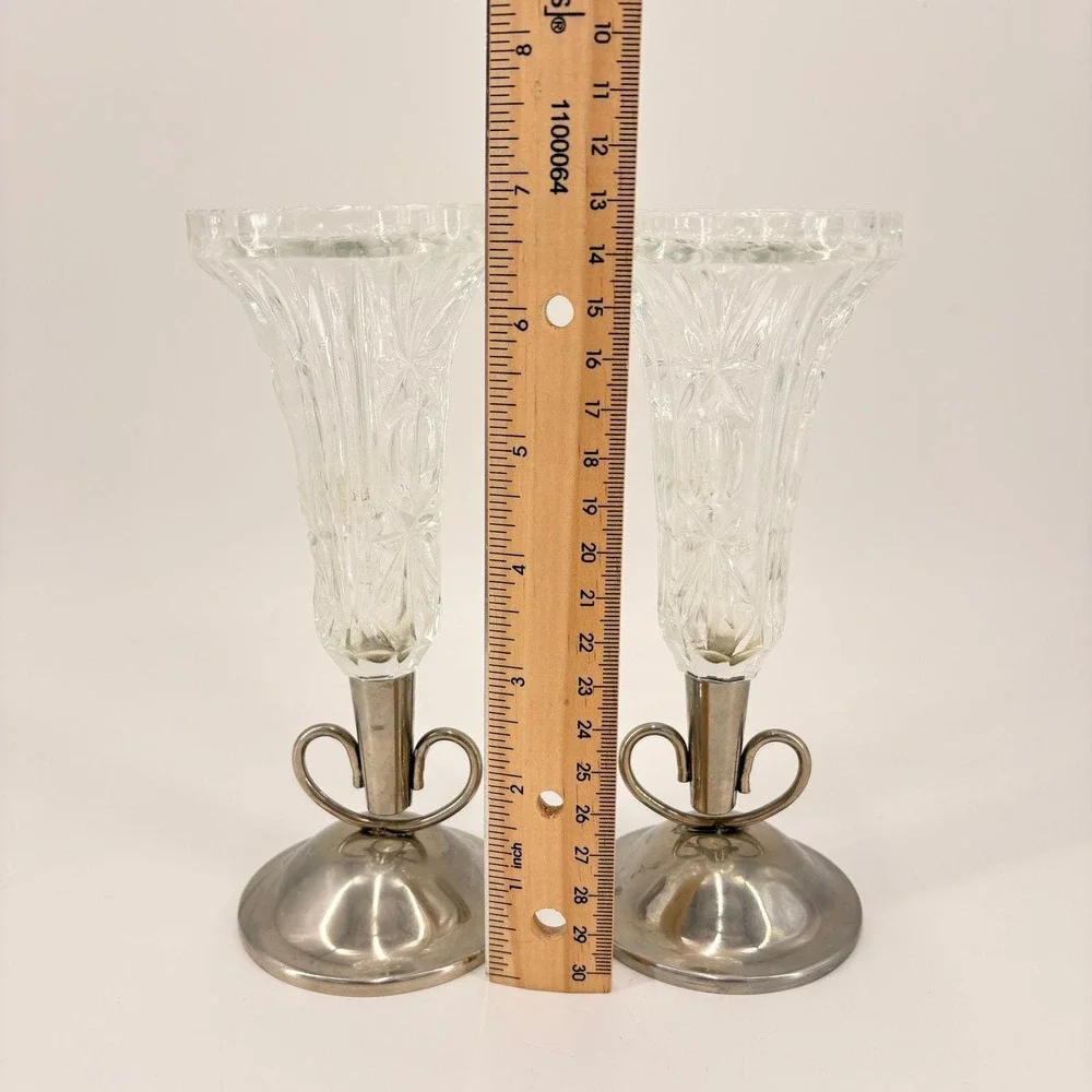 Vintage Cut Glass Candle Holders Pair Silver Tone Art Deco Wedding‎ Decor